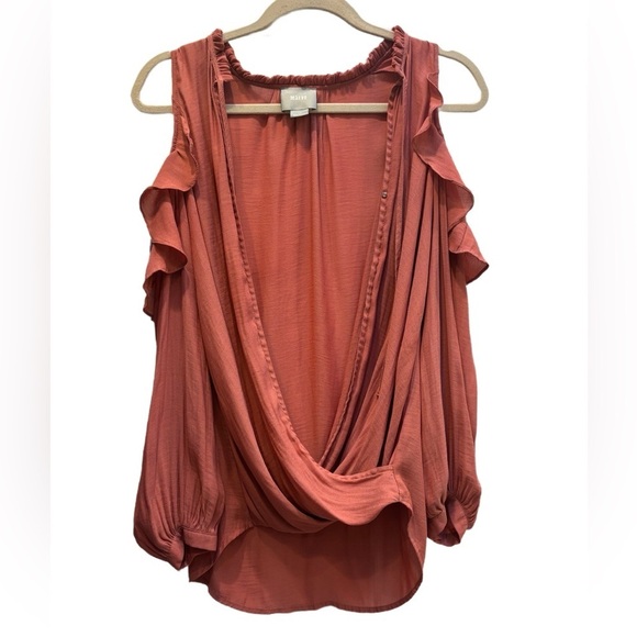 Anthropologie Maeve Long sleeve Cold shoulder wrap blouse in coral, size XS - Picture 3 of 12